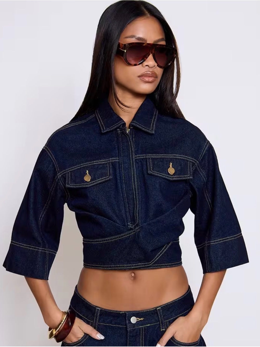 Commense Cropped Dark Indigo Denim Jacket with Short Sleeves Xs. 2/0025